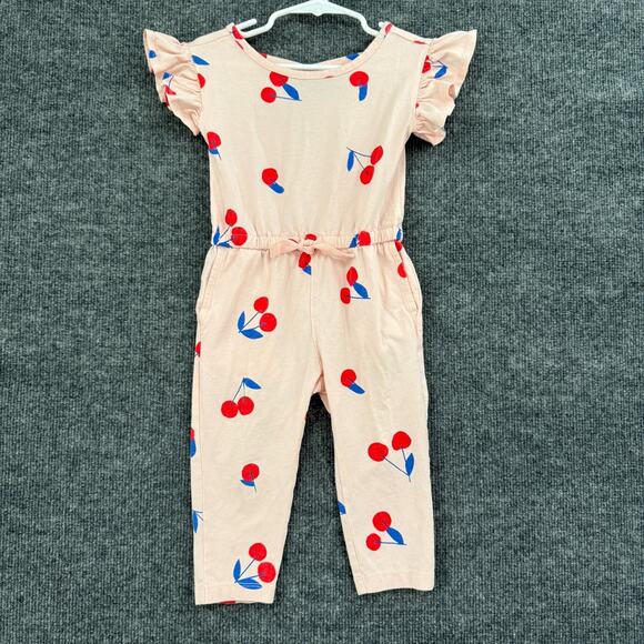 Tea Collection Jumpsuit Girls 2T Pink Cherry Print Flutter Sleeve Jersey Knit - Picture 1 of 8